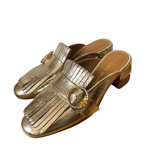 TORY BURCH women's multi-logo kiltie mule in metallic gold size 6.5